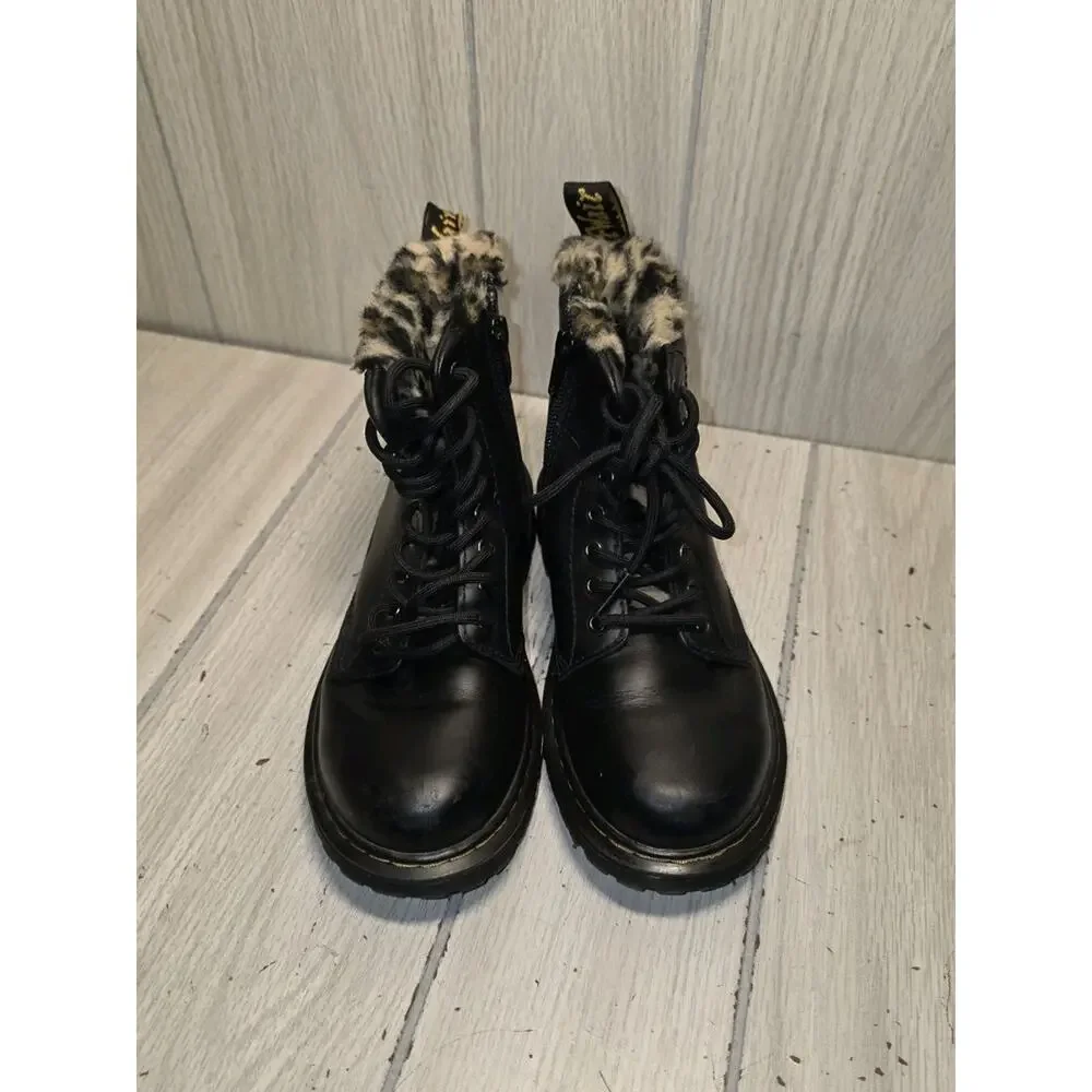 Dr. Martens Serena Leopard Faux Fur Boots Girls Size 1 Doc Martens Side Zip